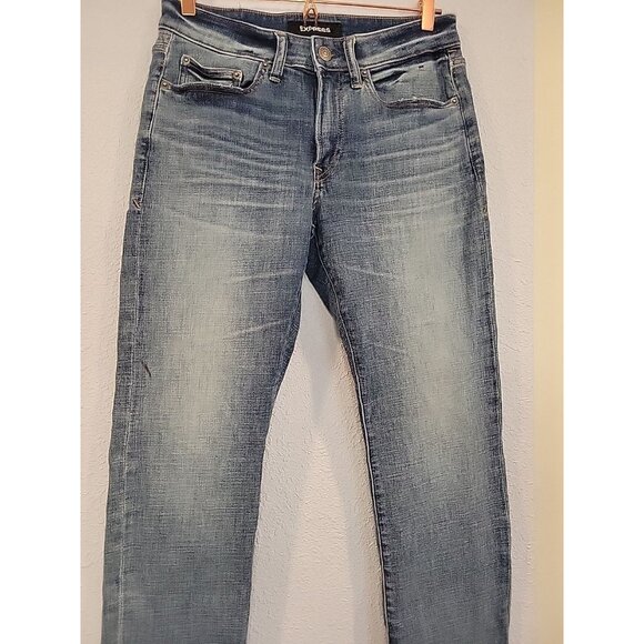 Express Jeans Mens 30x32 Blue Slim Straight Hyper Stretch Dark Wash Pants Denim - Picture 2 of 6
